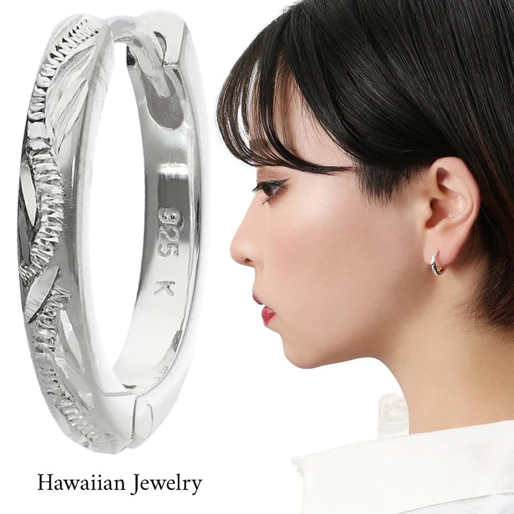 Shinjuku Gin No Kura Hawaiian Jewelry Scroll Hoop Earrings Silver 925 Pierced Earrings with Ocean Wave and Natural Design Hand-Carved (Single Earring)