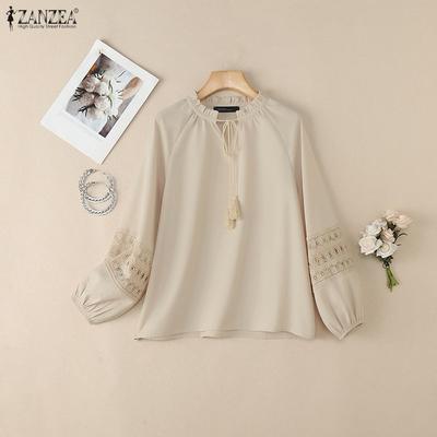Women Casual V-Neck Lace Crochet Splice Long Sleeve Blouse