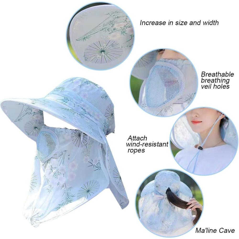 4 PCS Ladies Outdoor Fishing Sun Hat with Wide Brim, Detachable Neck Flap, Face Mask & Ponytail Hole for Women, Random Color