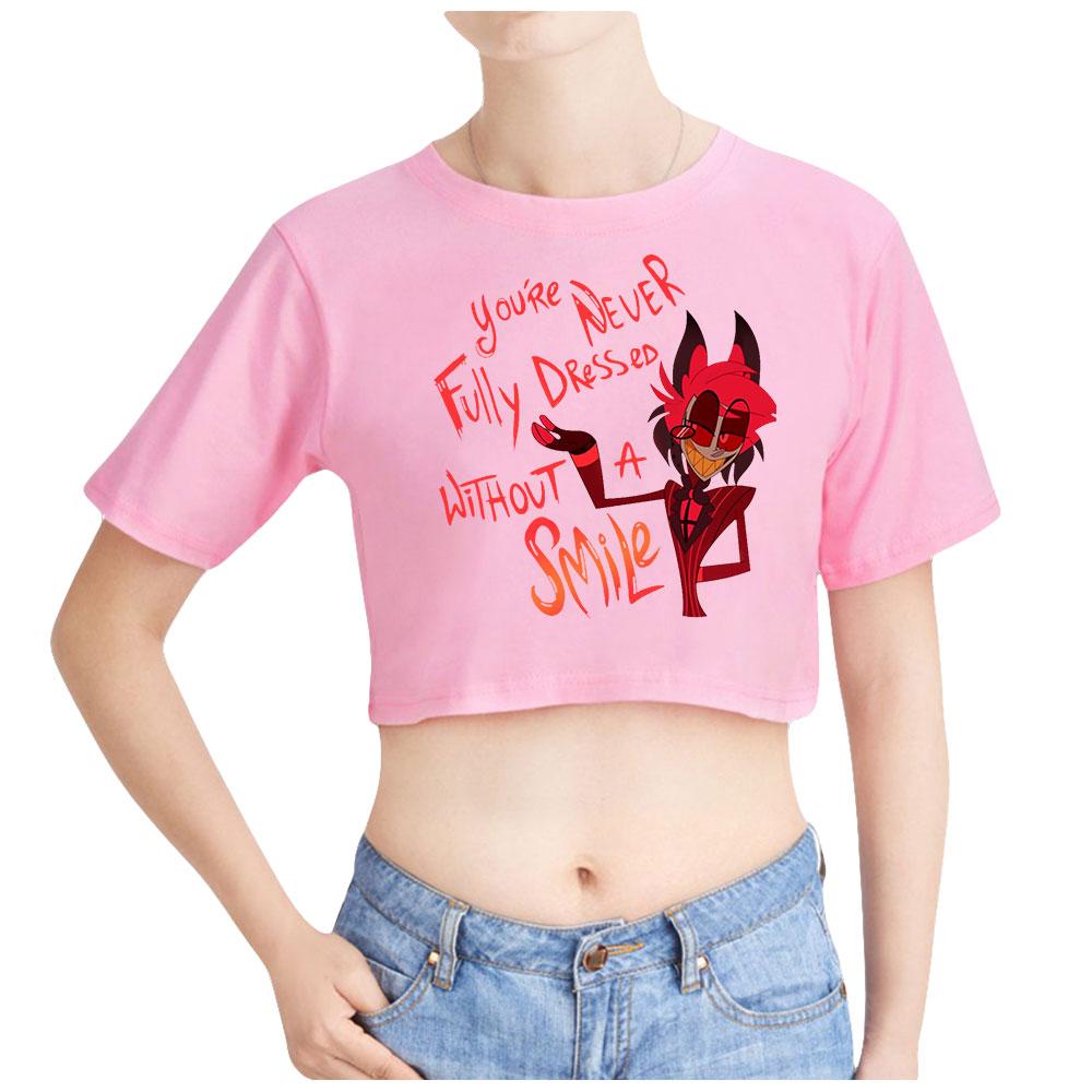 Sommermode Damen Sexy Hazbin Hotel Grafikdruck Kurzarm Crop Top Lustige T-Shirts Hipster Oansatz Coole Tops