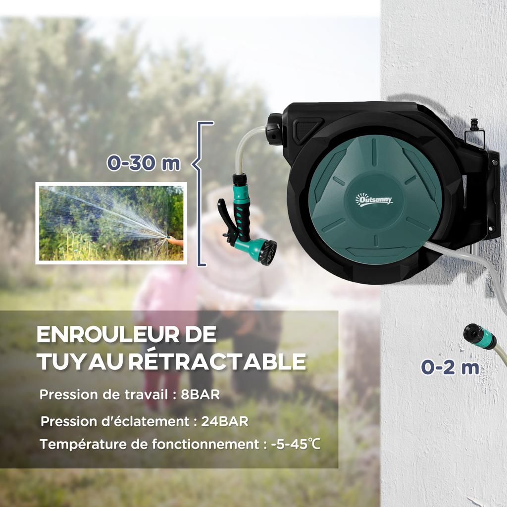 Wall-Mounted Watering Hose Reel 30 m x diameter 15 mm Automatic Retractable Water Hose Reel Automatic Green