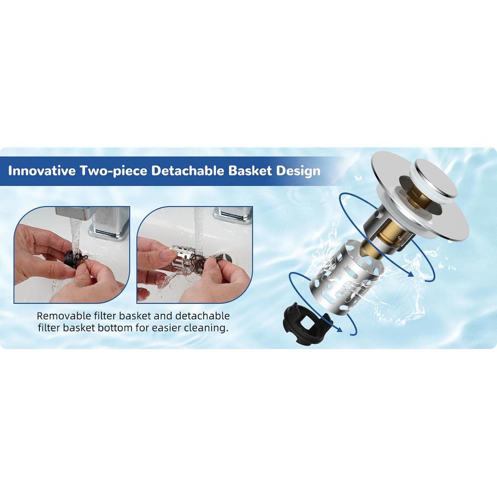 Upgraded 3 in 1 Bathroom Sink Drain Strainer, Universal Pop Up Stopper with Stainless Steel Hair Catcher Filter, Brass Core Chrome for 1.1''-2.36'' Ba