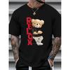 Men'S Relax Graphic T-Shirt, Casual Streetwear with Teddy Bear & Red Letter Print, Short Sleeve, Round Neck, Summer Essential, Everyday Tshirt