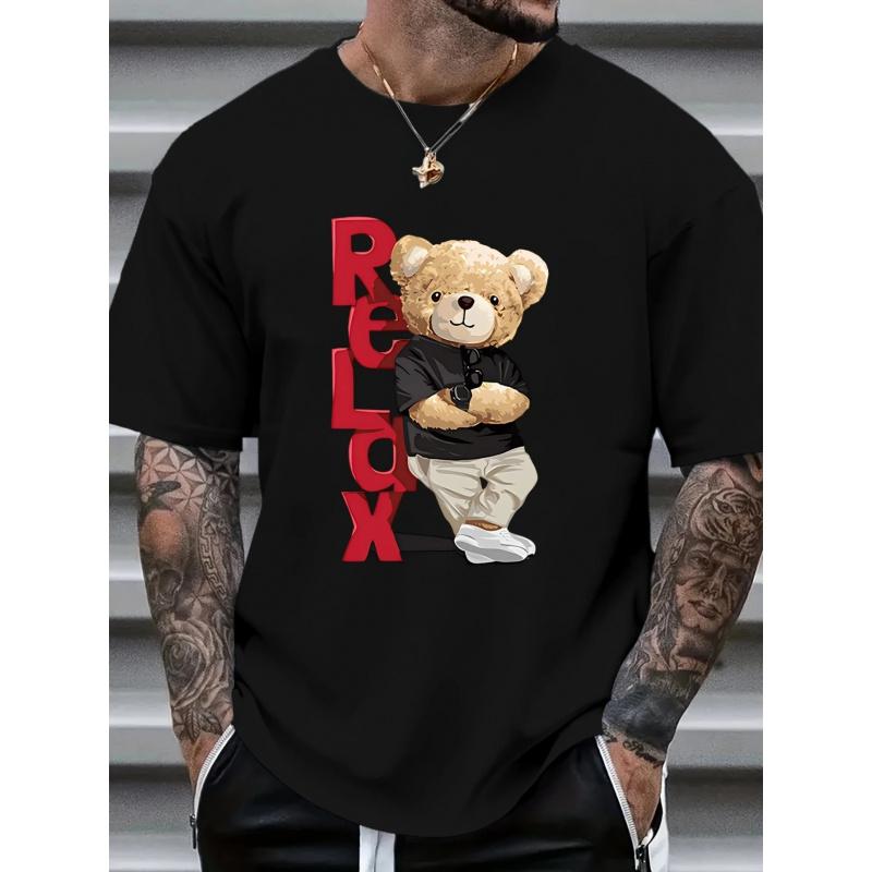Men'S Relax Graphic T-Shirt, Casual Streetwear with Teddy Bear & Red Letter Print, Short Sleeve, Round Neck, Summer Essential, Everyday Tshirt