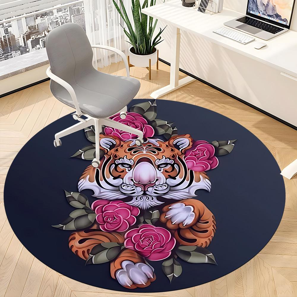 1PC Tiger Roses Office Round Rug, Non slip, Soft and Durable Office Rug for Interior Decoration, Perfect for Office