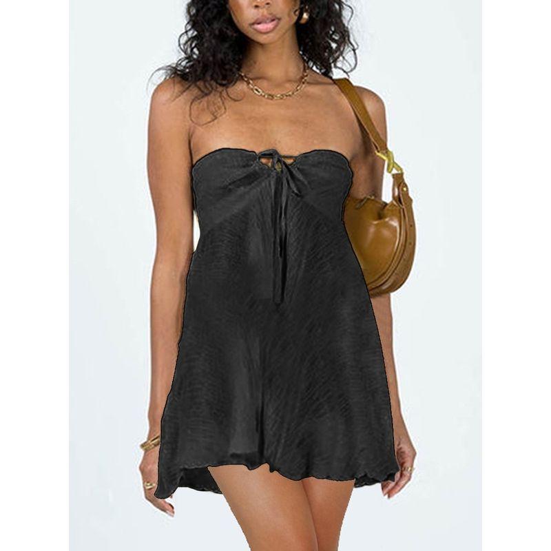 Graceful Personality Women's Clothing European American Summer New Fashion Tube Top Sexy Open Back Pure Color High Waist Dress