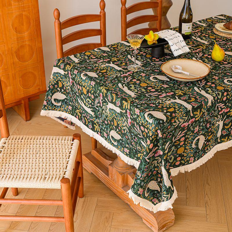 

Thickened Cotton and Linen Pastoral Floral Fabrics Tablecloth Fresh Yarn-Dyed Jacquard Tablecloth Rectangular Tassel Tablecloth Forest Dreams 60 * 60cm