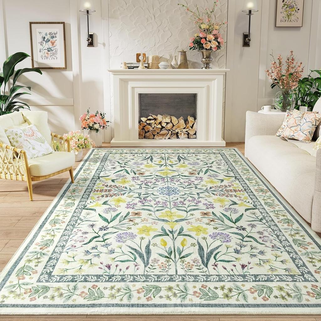 Home Decor Floral Area Rugs for Living Room Cute Kids Room Print Carpet Vintage Machine Washable Floor Mat Soft Non-slip Tapis