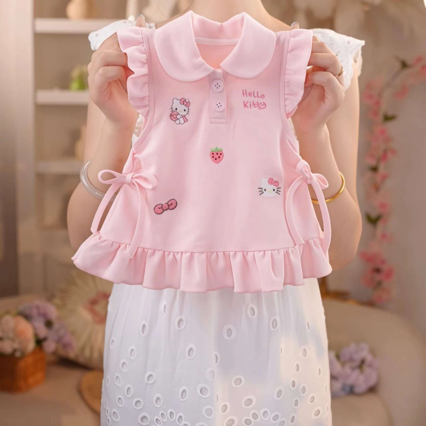 Girls Summer Pink Sweet Cat Cartoon Peter Pan Collar Polo Princess Dress Cute Casual Sundress For Kids 90cm
