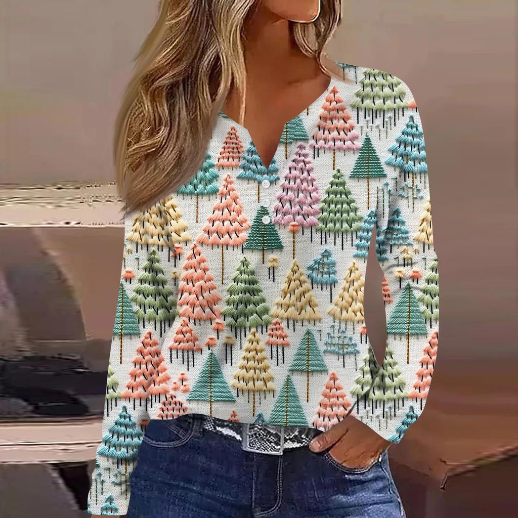 Women's Fashion Casual V-Neck Button-Up Long-Sleeve T-Shirt With Christmas Print Top