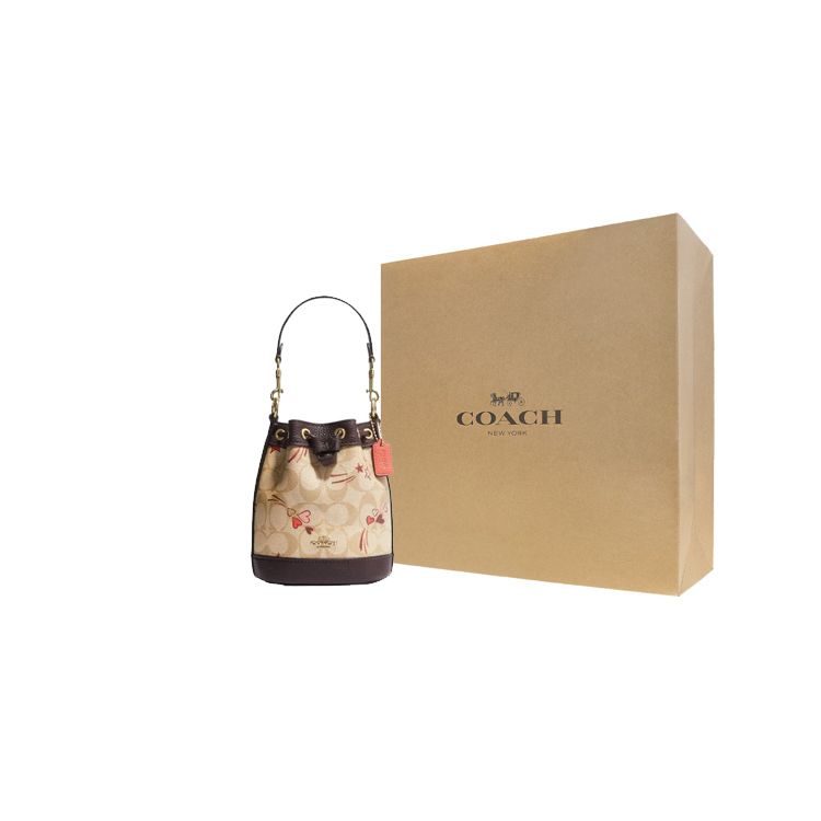 Coach Bucket 16 Letter Logo Heart Print Drawstring Classic Jacquard Leather Bucket Bag Women Bags Beige Dark-Brown CK524-IMOT4