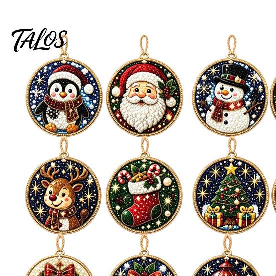 Festive Home Decoration 12PCS Christmas Tree 2D Flat Pendant, Pearl Acrylic Art Kits, Bright Fireplace Holiday Decor Color Classic Patterns