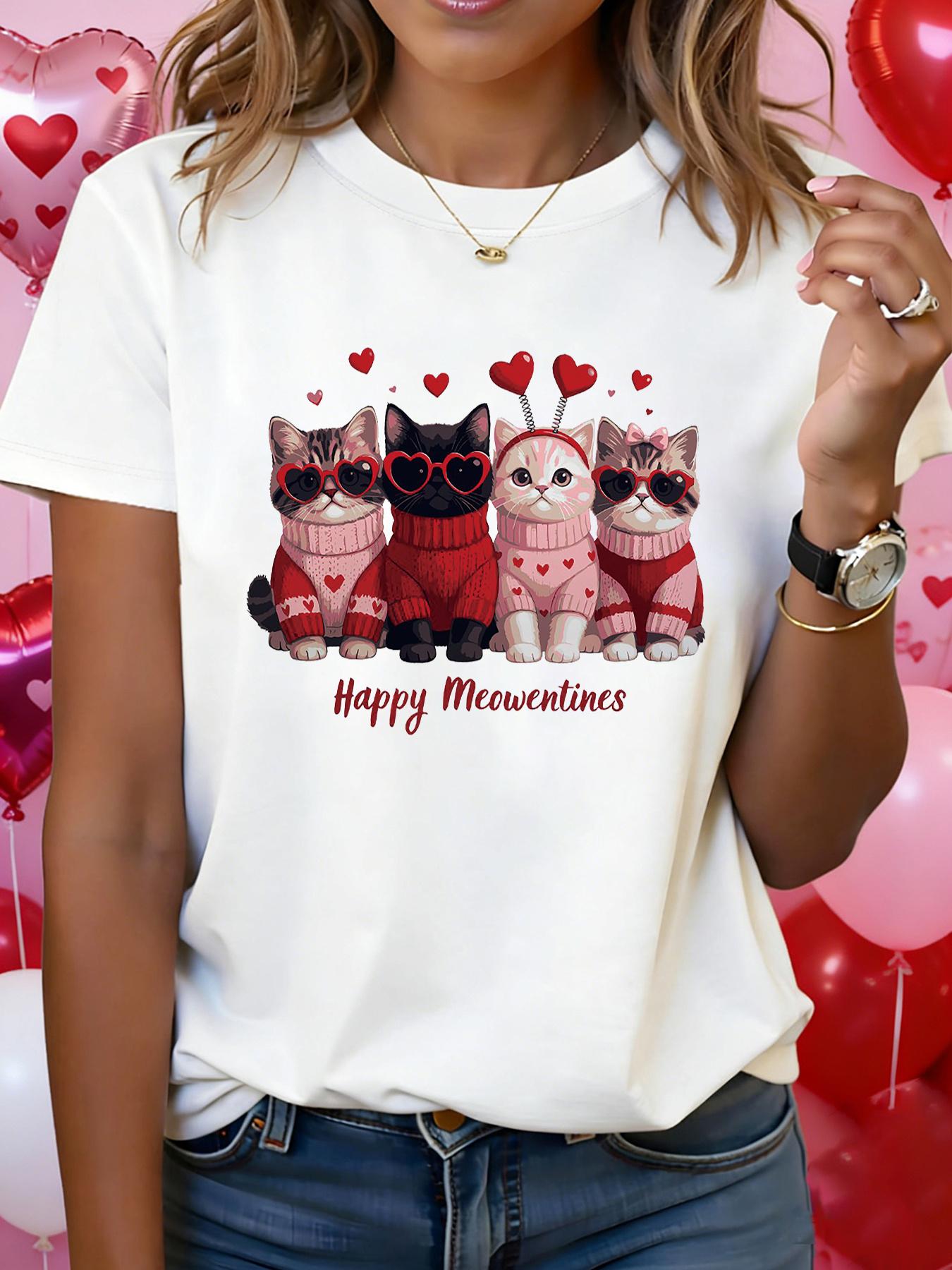 2026 New Fashion Women Summer Valentine T Shirt Happy Meowentines Letter Print Crew Neck Casual Short Sleeve Tee Tops S