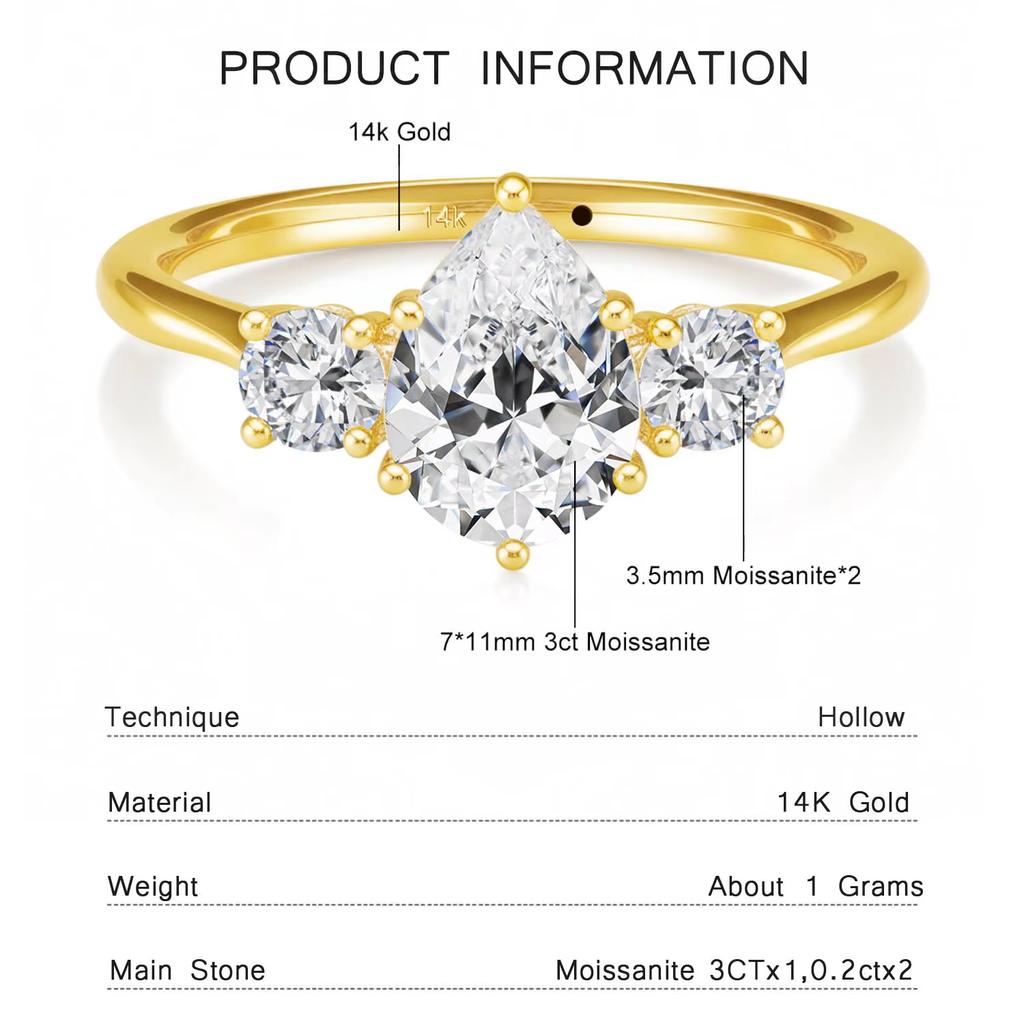 14k Gold Full Moissanite Diamond Ring for Women Teardrop Shape D VVS1 Bright Cut Genuine Au585 for Wedding Engagement Party Gift