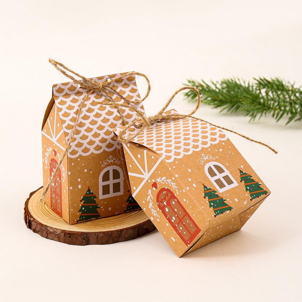 20Pcs Christmas Candy Boxes Bags Kraft Paper House Shape Gift Box Party Decor Portable Christmas Tree Pendant Christmas Eve Gift