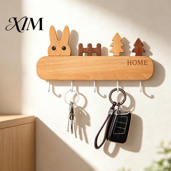Pet Leash Holder for Wall Wooden Key with 5 Hooks, Cartoon House Theme Organizer, Multi Entryway Storage Purpose Hanging Rack Keys Leashes And