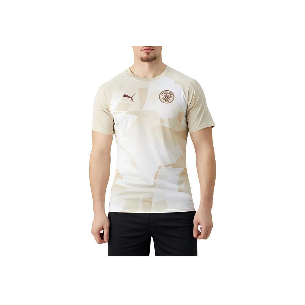 Puma Mcfc Prematch Color Block Casual Ribbed Crew Neck Short Sleeve T-Shirt Men Tops Beige 774370-03