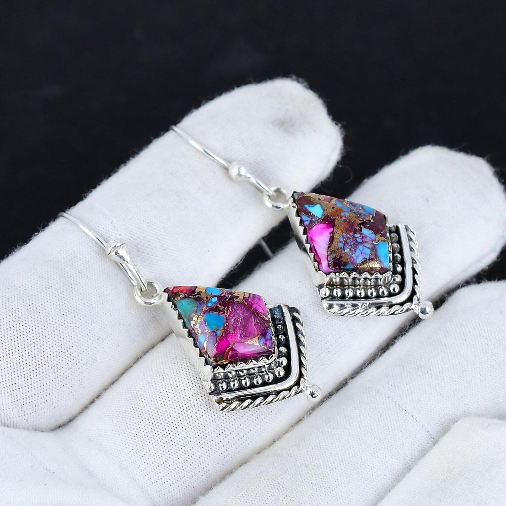 Natural Purple King Spiny Oyster Turquoise Gemstone Antique Earrings 925 Sterling Silver Earring, Boho Silver Jewelry Dangle Earrings, Gifts