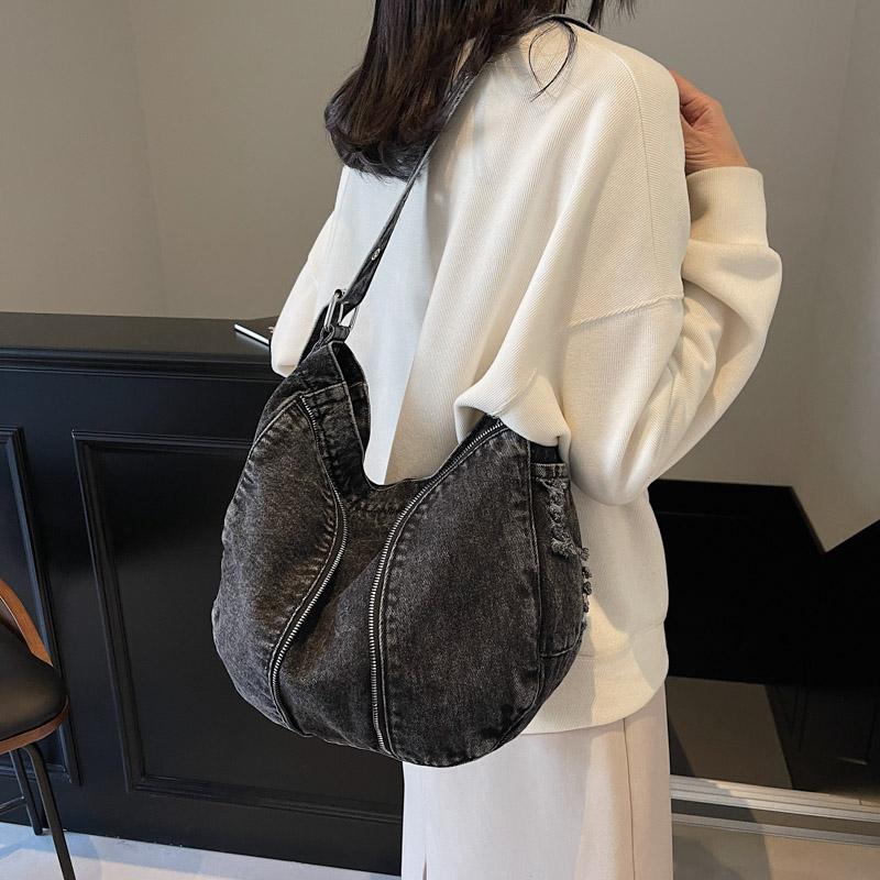 Denim Messenger Bag med Stor Kapacitet Dam Vintage Axelväska Crossbody-väska