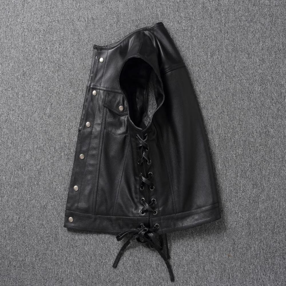 Chinese Size Men Leather Vest 100% Cowhide Motorcycle Vest Biker Leather Vests Moto Leather Waistcoat Asian Size M-6XL M435