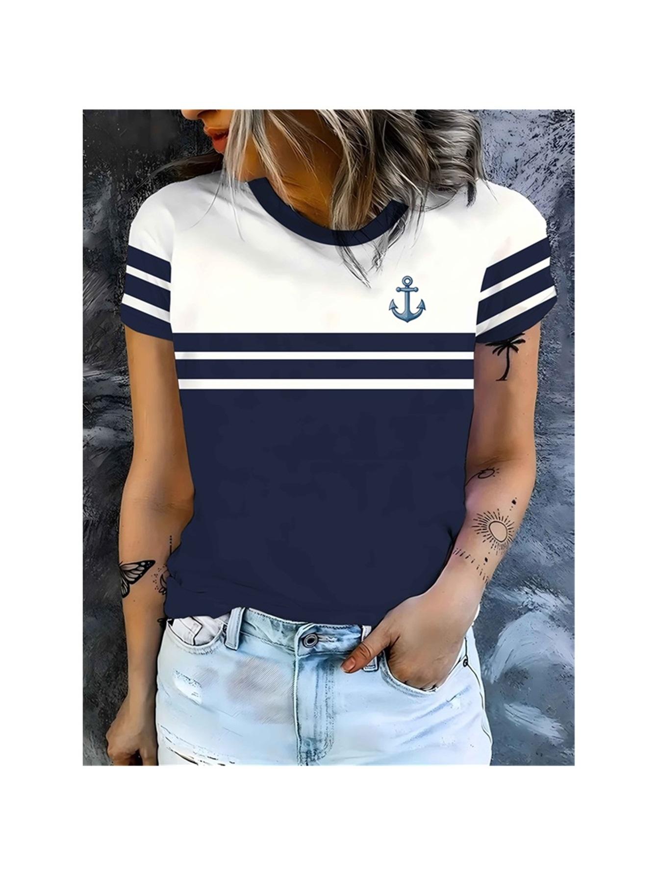 

Fashionable women s nautical style T-shirt, round neck, short sleeves, casual striped top 5XL
