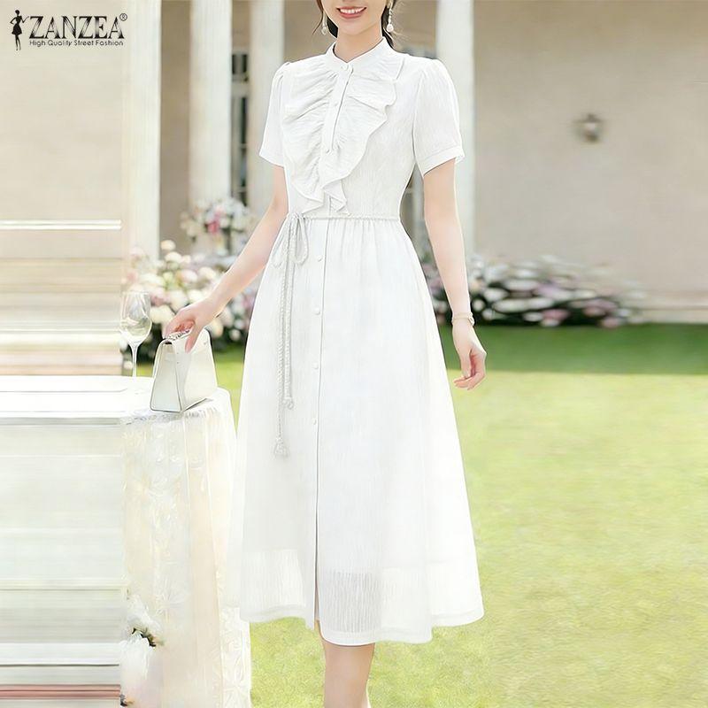 ZANZEA Women Elegant Round Neck Casual Short Sleeve Dress