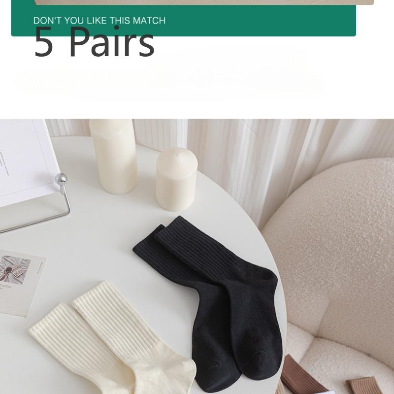 5 Pairs of Simple Solid Color Breathable Boneless Mid Calf Socks for Women In Spring and Summer