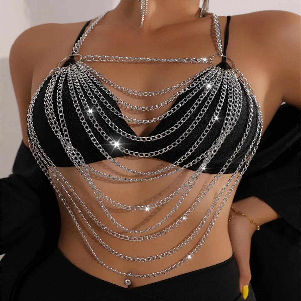 European And American Jewelry Versatile Sequins Handmade Body Wear Jewelry Chain Sexy Star Fringed Mesh Diamond Chest Chain Vest