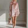 New 2025 Light Luxury Solid Color Round Neck Velvet Mini Dress
