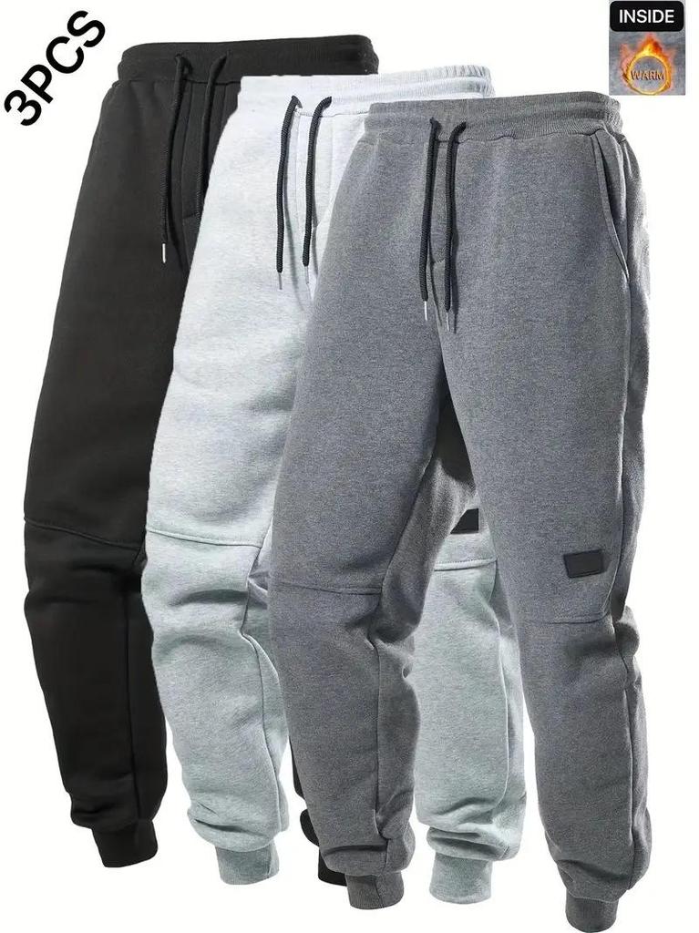 Men's European Size Solid Color Fleece Sports Pants with Drawstring - Warm, Casual, and Suitable for Many Occasions