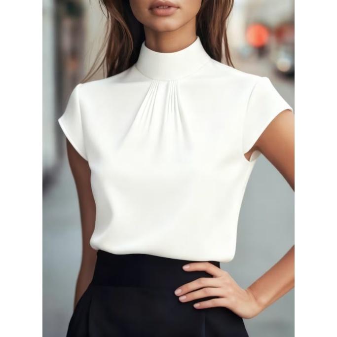 Блузка женская атласная с коротким рукавом на весну-осень 2026 - Плиссированный дизайн Элегантная офисная 100% полиэстер S белый