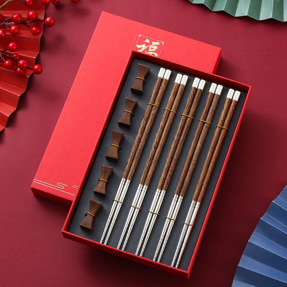Red Sandalwood & 304 Stainless Steel Chopstick Set with Rest - Ideal for Home or Hotel