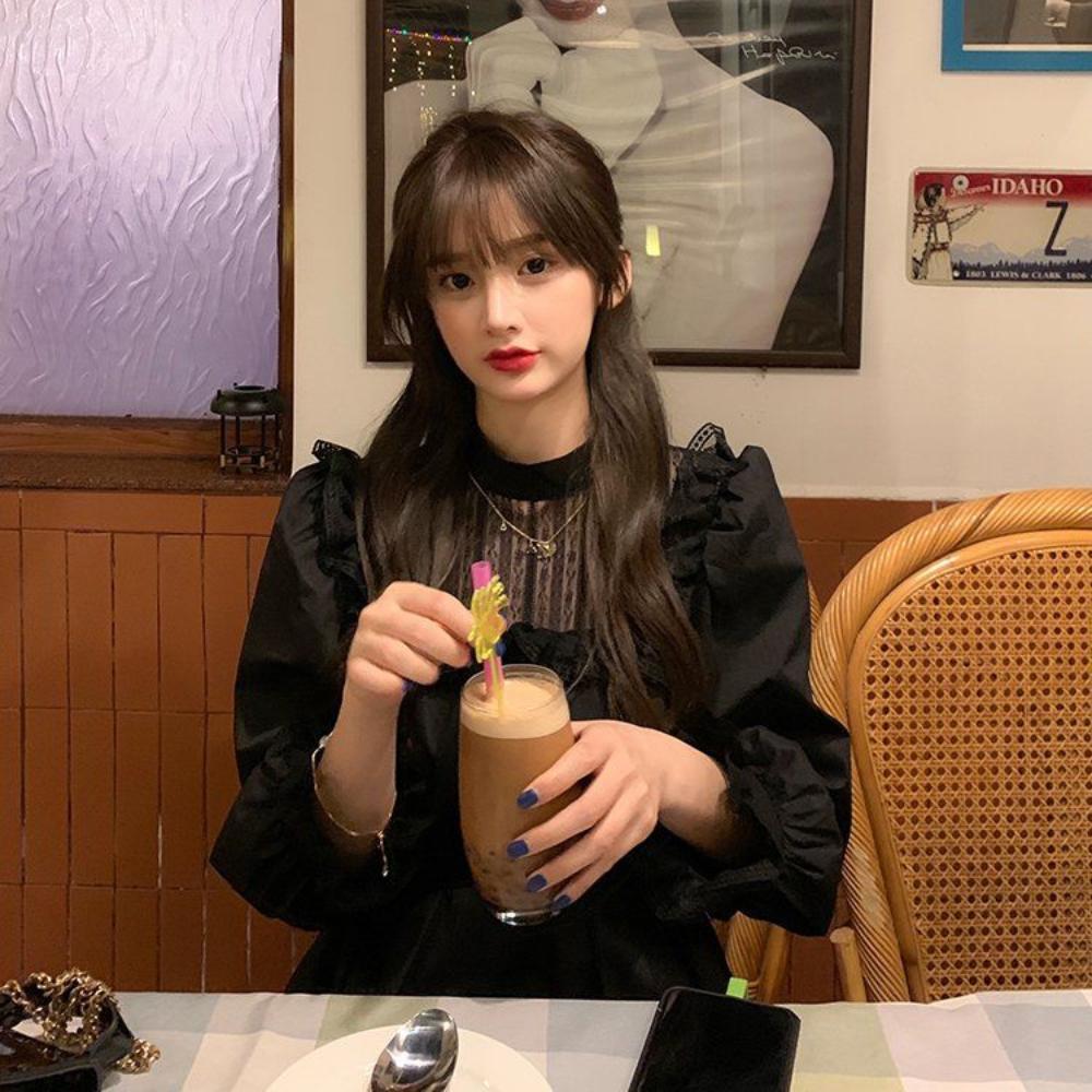 Gotické černé krajkové šaty Ženy Ležérní Elegantní Party Midi Volánové šaty s dlouhým rukávem Emo Y2k Goth Oblečení Jarní a Podzimní róby