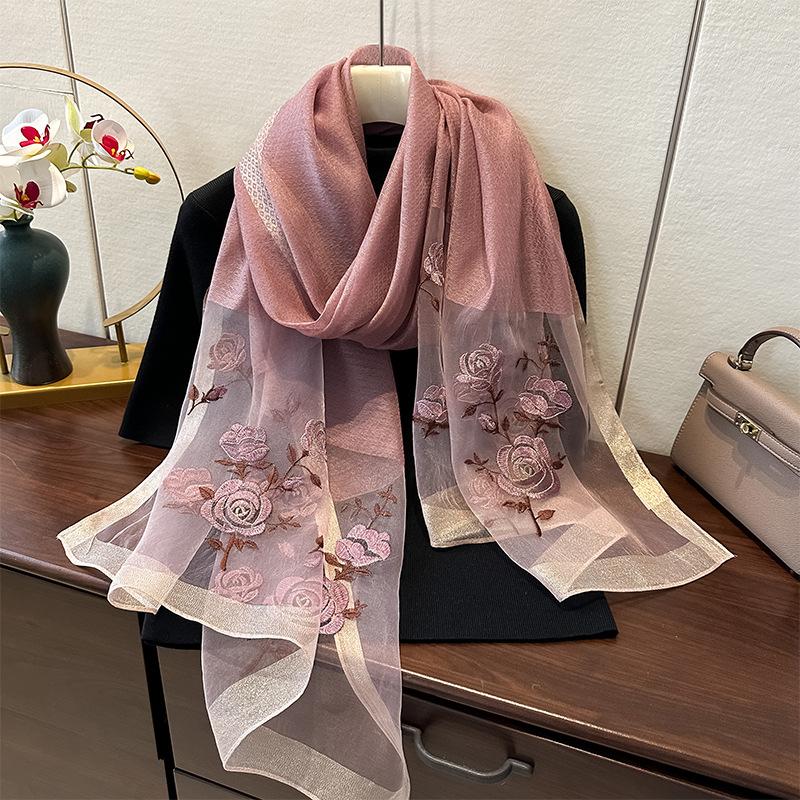 Simulation Silk Handmade Embroidered Scarf Spring And Autumn High-End Foreign Silk Scarf Femininity Easy To Match Decorative Shawl