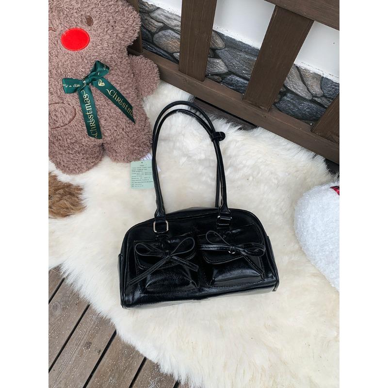 Bow One-shoulder Underarm Bag for Women New Black Textured Hand-held Bowling Bag Fashionable Commuting Bag