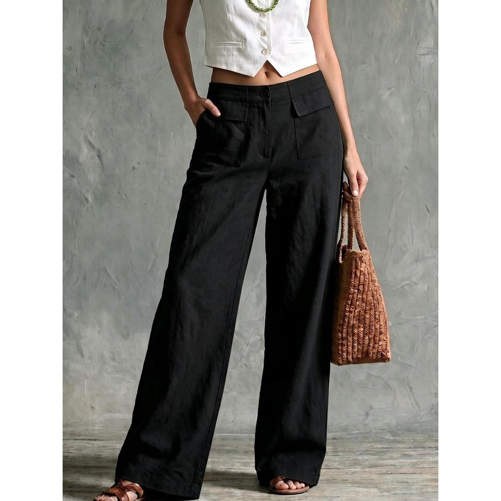 Women's High Rise Wide Leg Pants Loose Fit Solid Color Linen Palazzo Trousers Casual Commute Straight Leg Pants