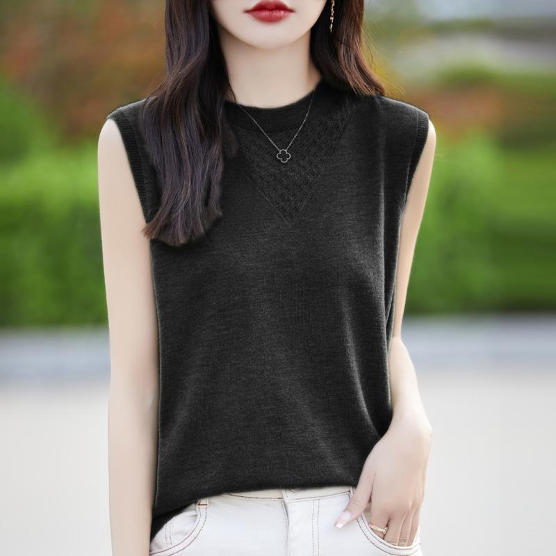 

Женский вязаный жилет с круглым вырезом, летний, новый, темпераментный, универсальный, тонкий, без рукавов, на бретелях, ажурный топ XXL чёрный