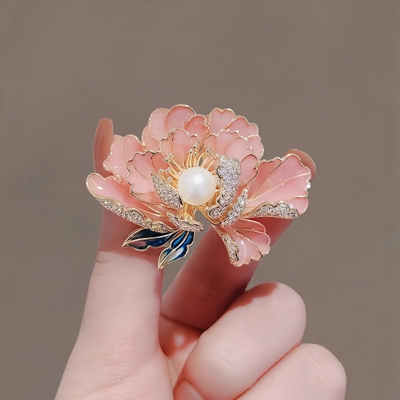 Korean Style Pearl Enamel Peony Brooch - Women's High-End DIY Corsage Pin