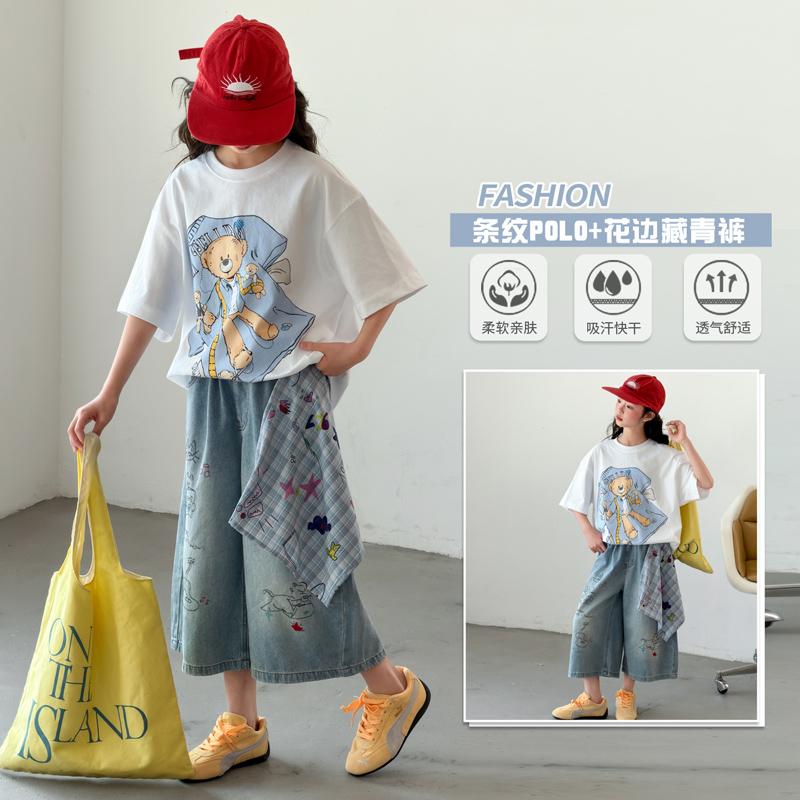 Girls' Summer Set 2026 New Style Children's Fashionable and Stylish Medium to Large Children's Loose Short sleeved Cowboy Shorts Two Piece Set