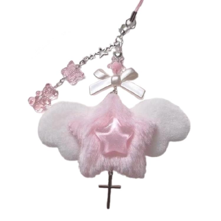 Bowknot Keychain Angel Wing Beaded Phone Lanyard Strap Heart Charm Bag Pendant