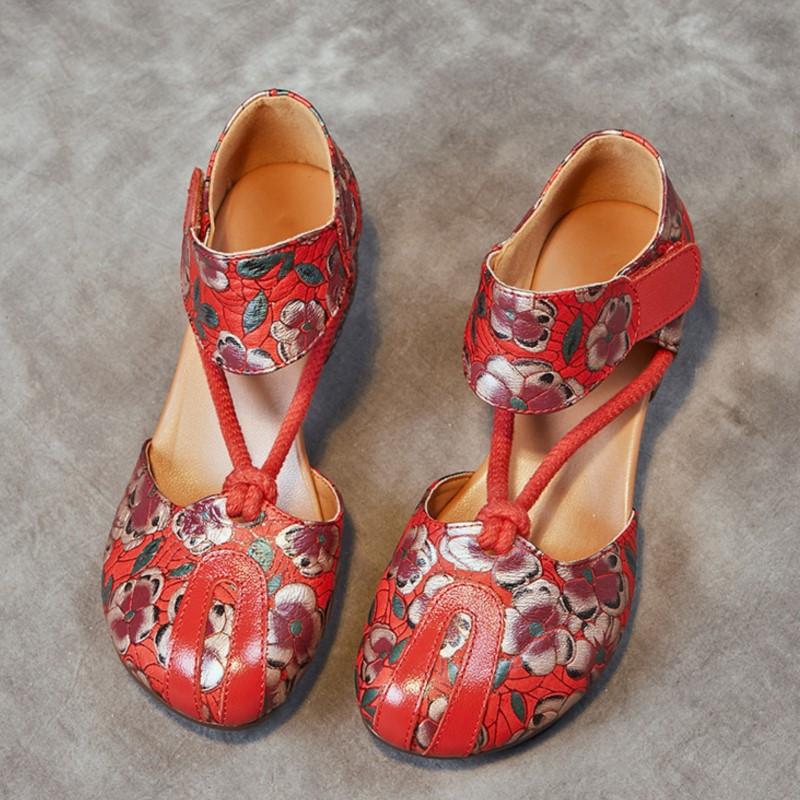 Johnature Letní dámské boty etnického stylu z pravé kůže, embosované, s tlustým podpatkem, s měkkou podrážkou, vintage sandály