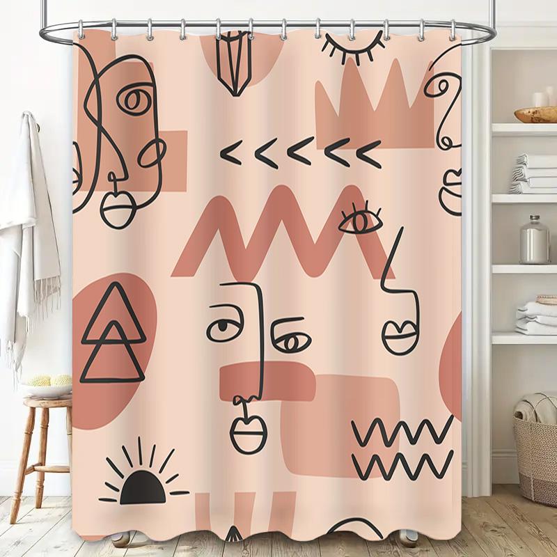 Minimalist Bohemian Bathroom Decor Shower Curtain with Abstract Line Art Print In Pink Black Modern Wall Hanging Home Textiles F