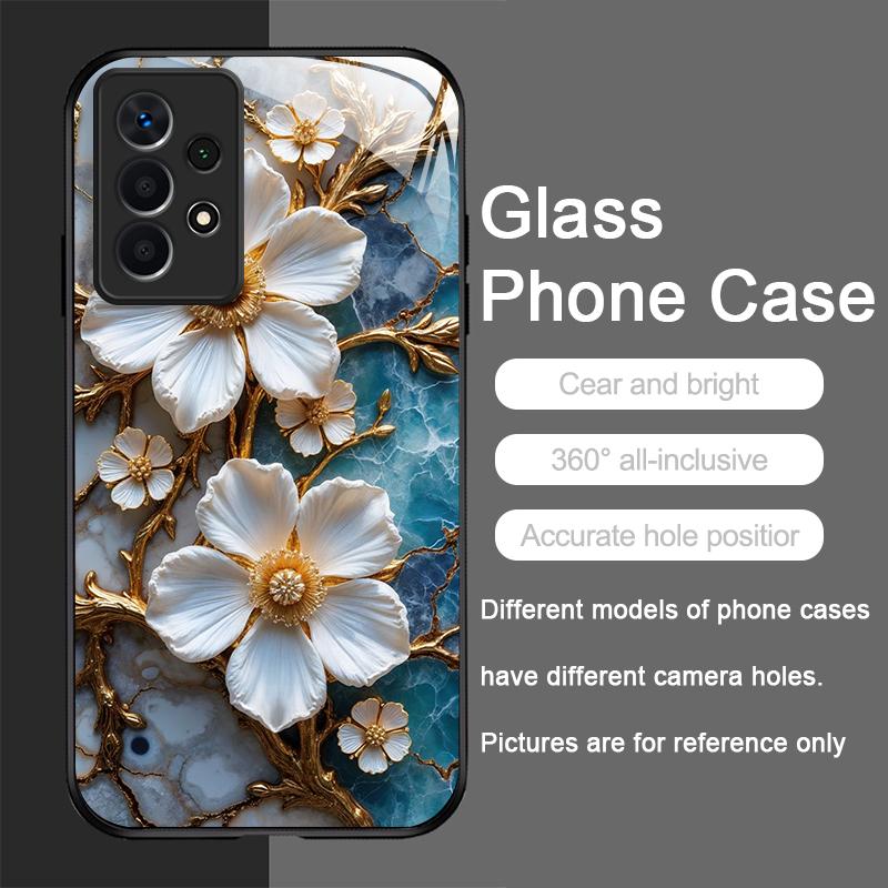 White Camellia Flower Marble Texture Tempered Glass Phone Case for Samsung Galaxy S26 S25 Ultra S24 S23 Plus S22+ S21 FE Covers