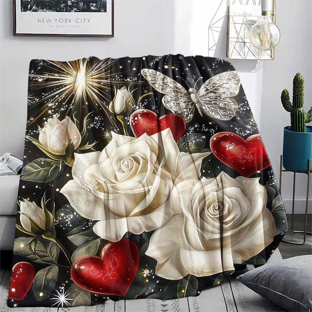 Flanelowy koc z nadrukiem czerwonych i białych róż, Wysoka jakość, Komfortowy na wszystkie pory roku, Wystrój domu, Ciepło i komfort, Idealny na prezenty świąteczne
