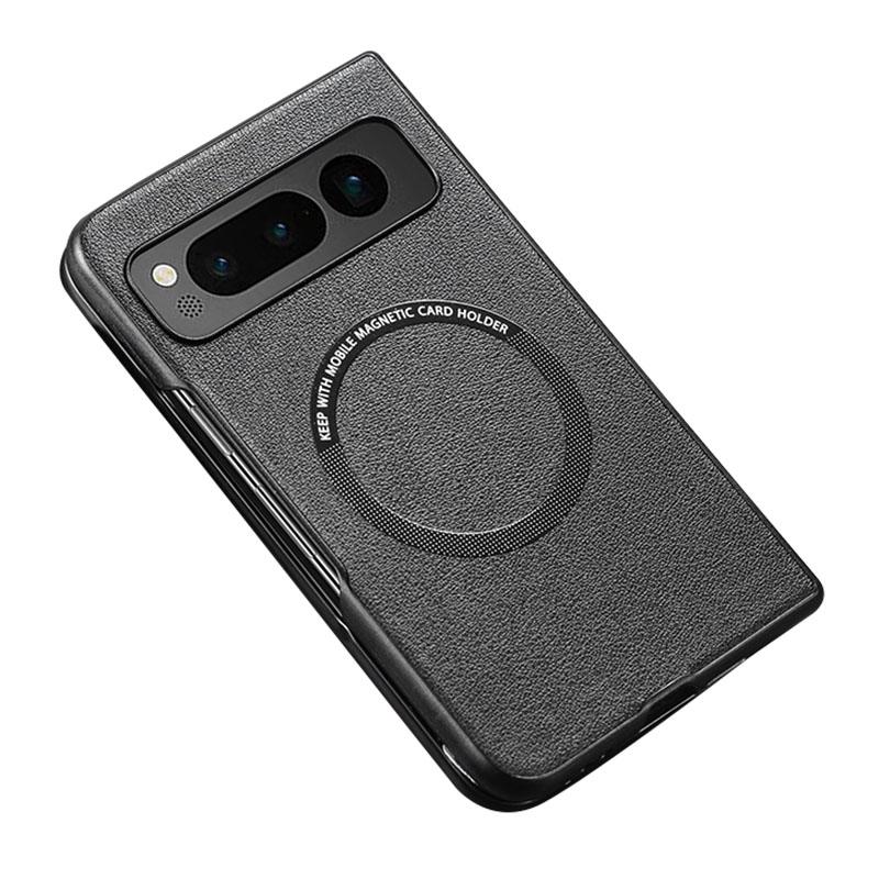 

For Google Pixel Fold Magnetic Phone Case Leather Coated PC Cover Compatible with MagSafe Black