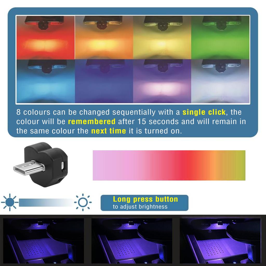 2x Auto USB Umgebungs Licht 8-Farben Farbverlauf Mini Bunte Led USB C Urlaub Party Laptop Atmosphäre Innenraum Auto Center Konsole
