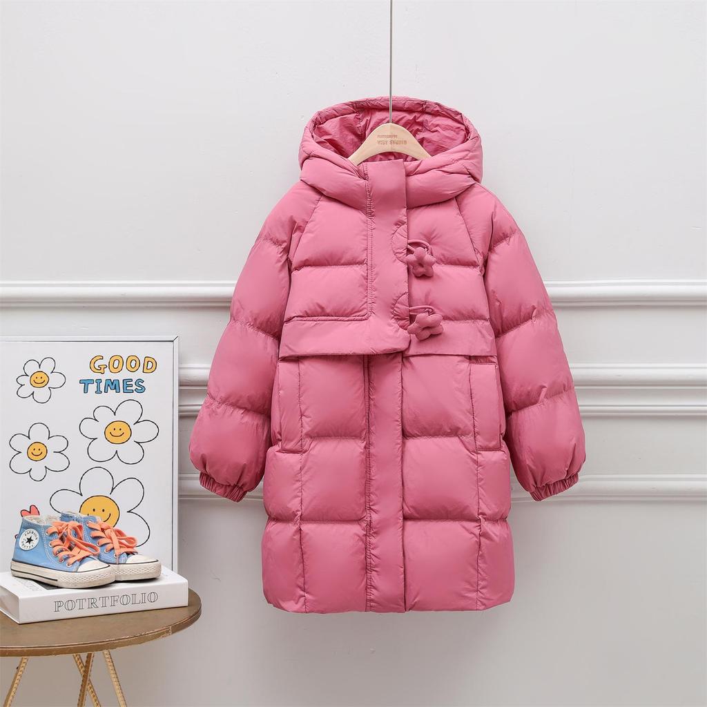 2025 Winter Girls' Warm Mid-Length Solid 90% White Duck Down Puffer Jacket