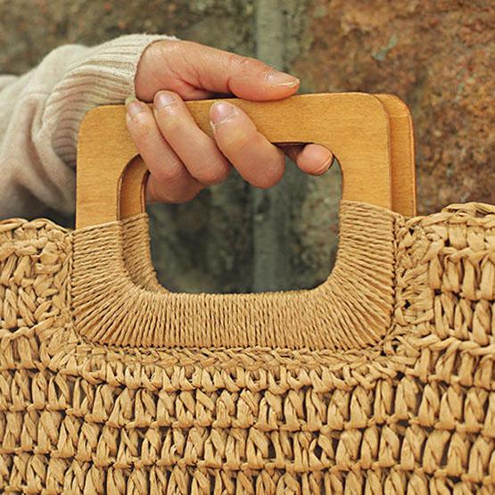 Damen Vintage Handgewebte Tasche Einfarbig Große Kapazität Sommer Meer Urlaub Strand Stroh Handtasche