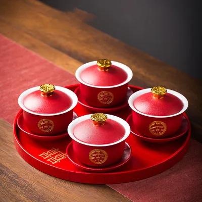 Chinese Style Double Happiness Porcelain Tea Set, Teapot and Cups, Gaiwan with Saucer, Ceremony Set Gifts, Wedding Celebration