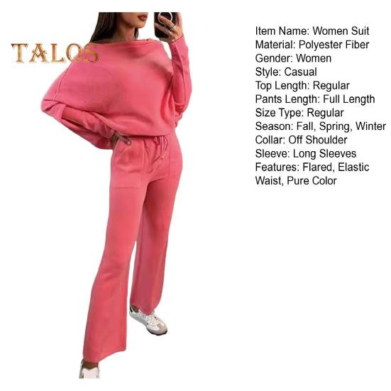 2 szt./zestaw Damski Zestaw Top i Spodnie Odkryte Ramiona Długie Rękawy Nietoperz Bluza Elastyczna Talia Rozszerzane Spodnie Dresowe Strój Sportowy Jesienny Casualowy Dres